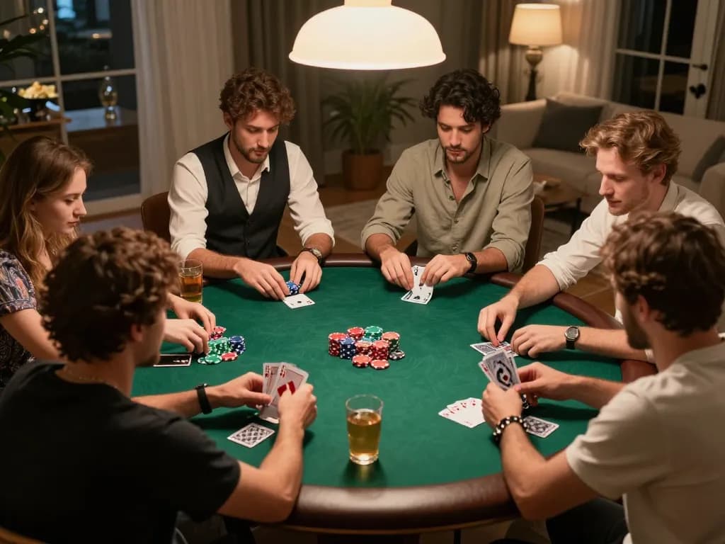 Players engaged in a home poker night, showcasing strategy and camaraderie, part of the jewanced experience.