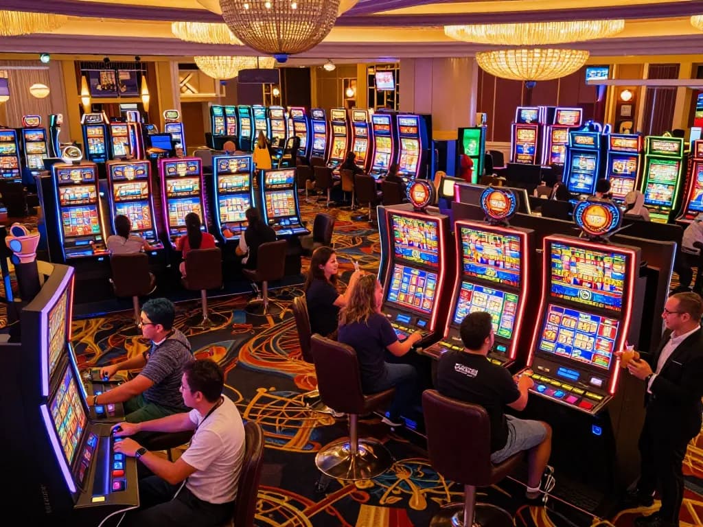 IWIN68 players celebrating a win at vibrant casino slot machines