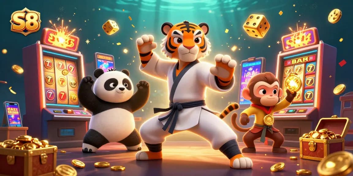 Engage in thrilling gameplay at S8 with animated characters around a vibrant casino scene.
