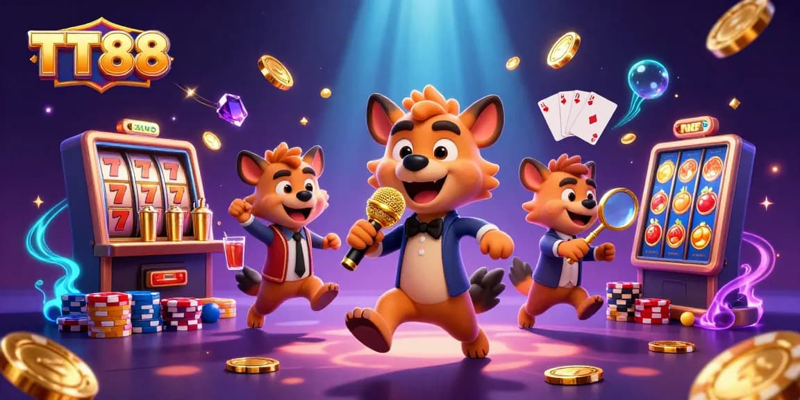 TT88 vibrant casino scene with hyenas, slot machine, and golden coins illustrating gambling fun.
