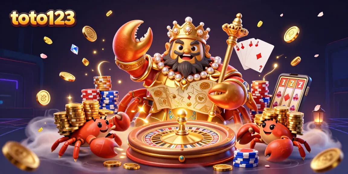 Experience the thrilling world of toto123 with a golden crab emperor and vibrant casino elements.