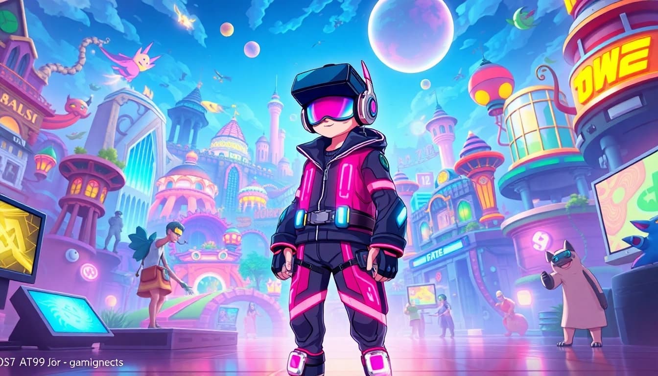 Engaging character representing AT99娛樂 in a vibrant gaming landscape with energetic visuals.