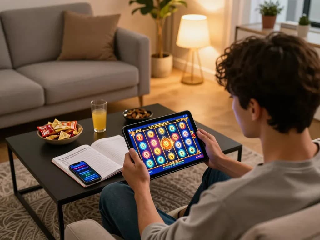 Engaging in live slot gameplay showcasing bonus new member features on a tablet at home.