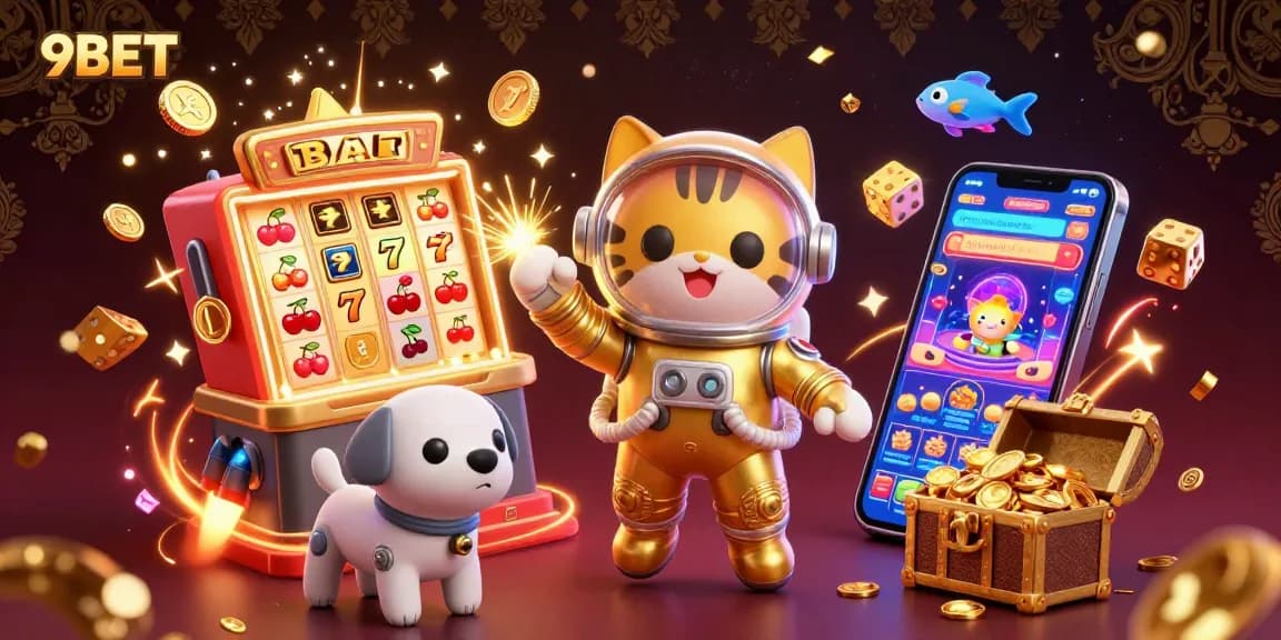 Win big with 9BET's vibrant 3D casino scene featuring a jackpot explosion, slot machine, and iconic symbols.