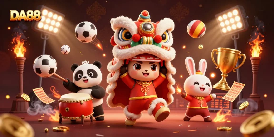 Experience thrilling gameplay with DA88 in a festive casino scene featuring a lion dance.