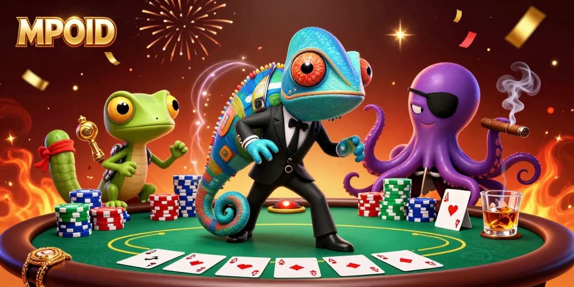 MPOID showcases a vibrant casino celebration with unique characters and dynamic poker elements.
