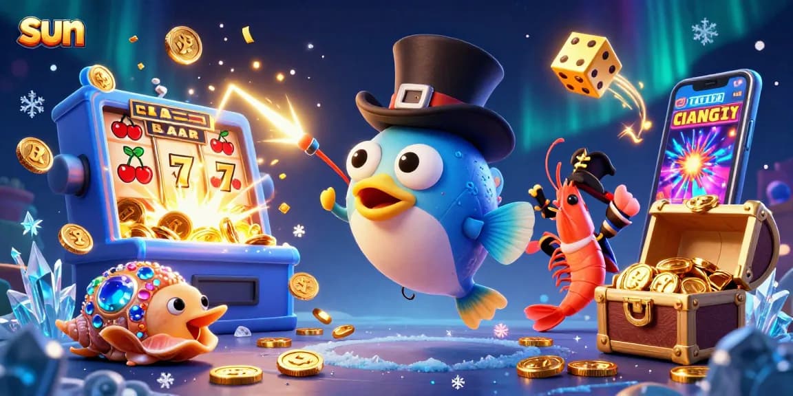 Experience sun-themed slots with a dazzling anglerfish and pirate shrimp in a vibrant casino scene.