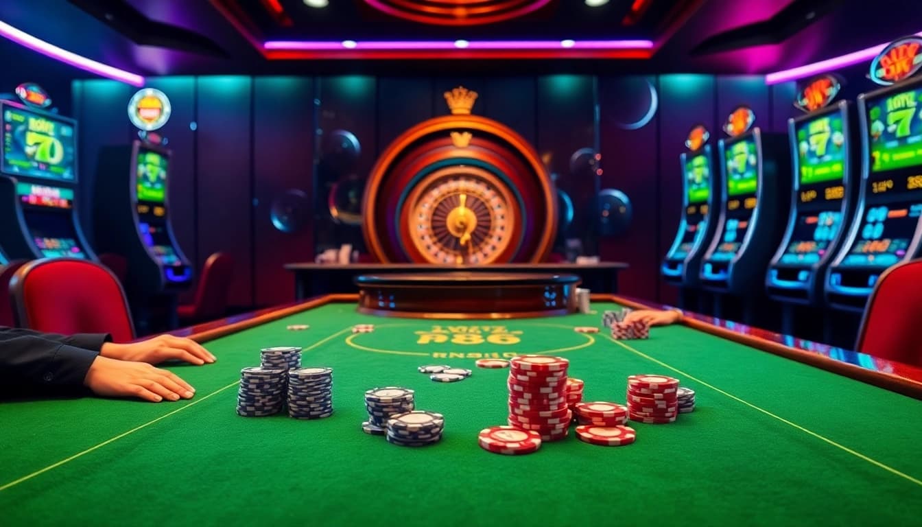 RR88 casino scene with poker chips and cards on an elegant table, capturing the excitement of gambling.