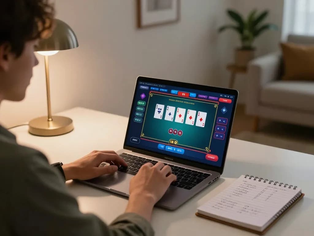 Player using lc88 online casino platform on laptop for engaging poker gameplay.