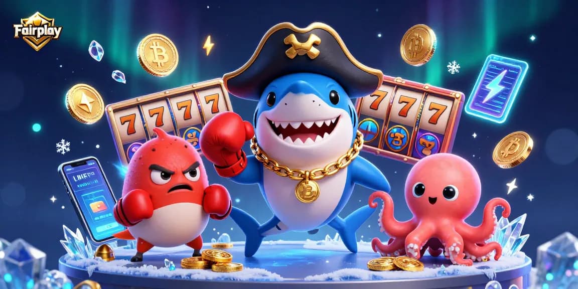 Experience Fairplay with a lively 3D casino scene showcasing animated characters and slot reels.