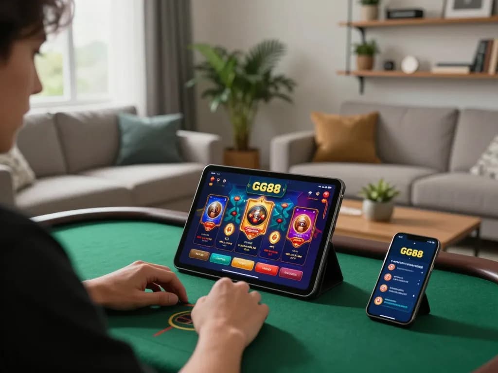 Engage with link gg88 through an exciting online gaming setup featuring a player using a tablet at home.