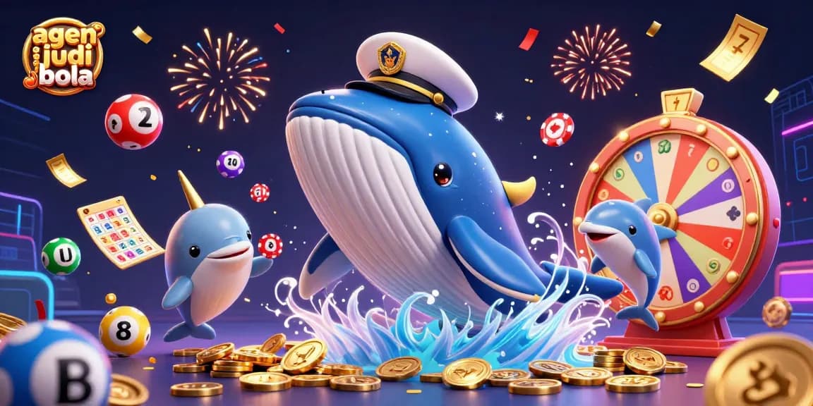 Engage in fun with agen judi bola as a whale captain breaching through coins with dolphins and narwhals.