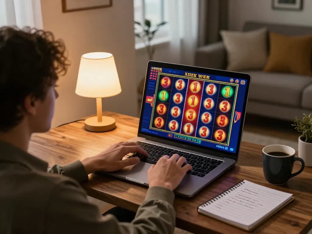Engaging with kdslot77 online slots on a laptop in a cozy setting, showcasing the thrill of gameplay.