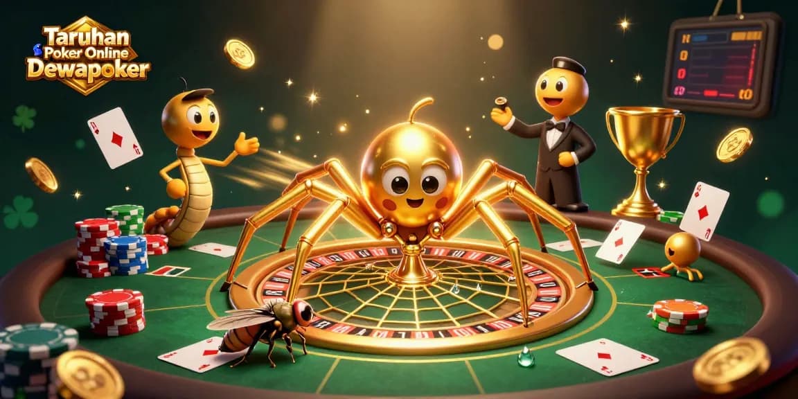 Engage in Taruhan Poker Online Dewapoker with a lively 3D casino illustration featuring dynamic characters and elements.