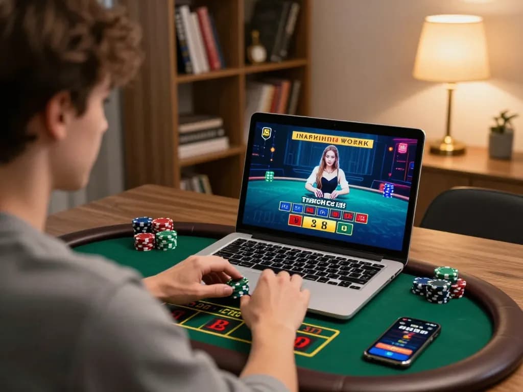mm88 player engaging in live dealer baccarat game at home, showcasing online gambling excitement and strategy.