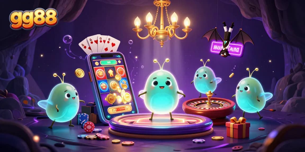 Experience the excitement of gg88 in a lively cave casino filled with glowing characters and games.