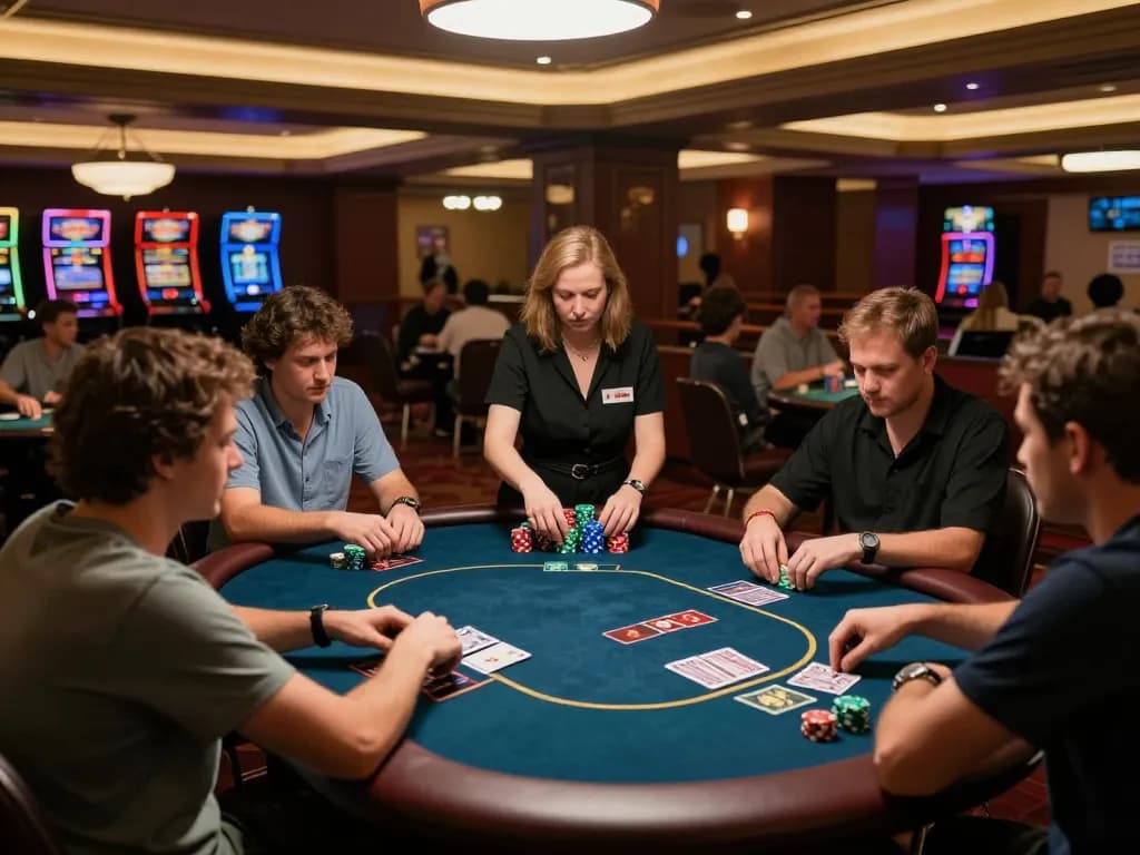 Players strategizing in a high-stakes poker game at a stylish casino, featuring tg88 chips stacked on the table.