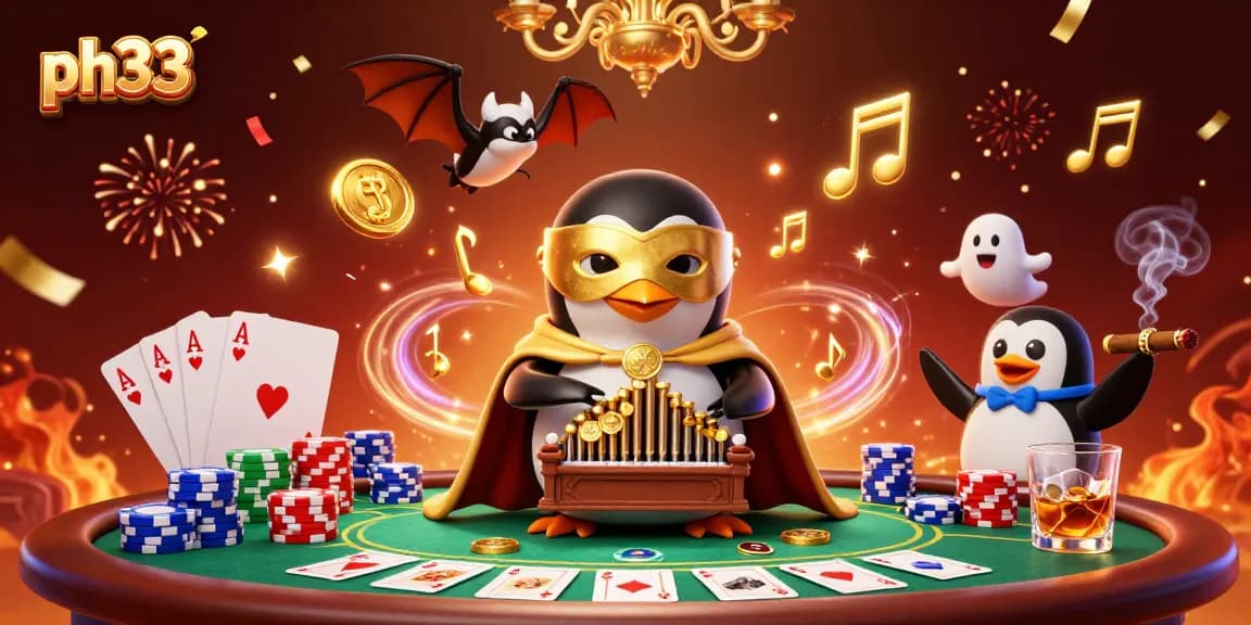 Play exciting games at ph33 with a lively penguin organist, golden coins, and poker elements.
