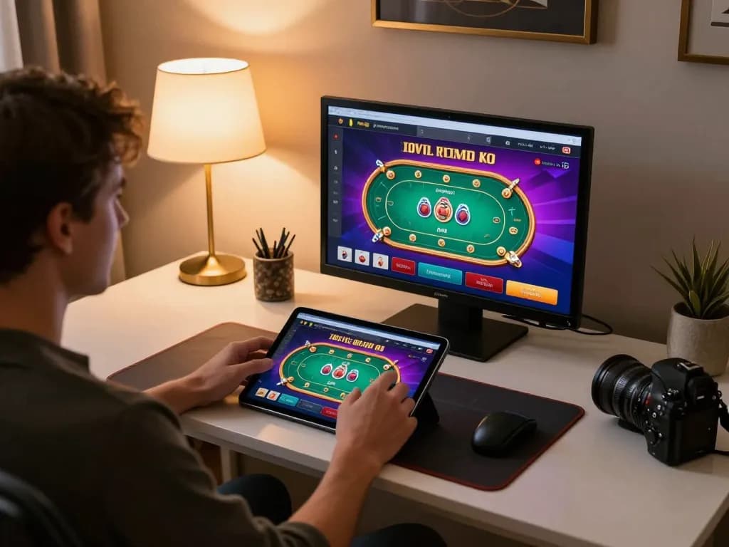 Engaging in online casino gameplay at https://lv88cha.com/ with tablet showing poker game, cozy atmosphere