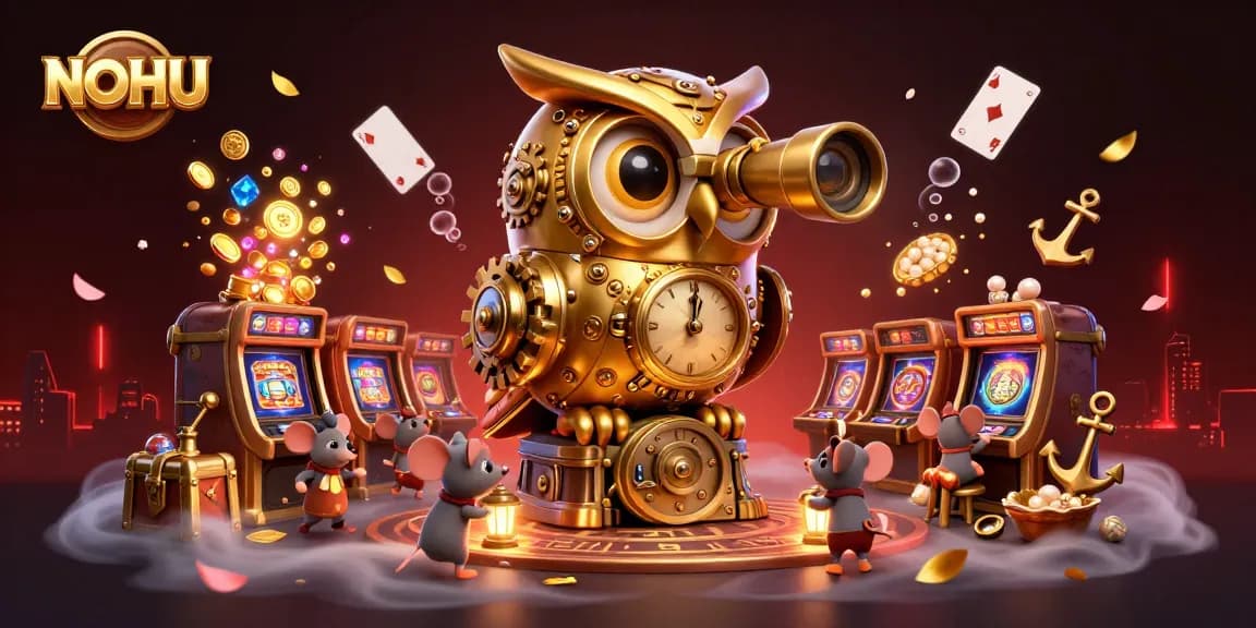NOHU casino scene with a clockwork owl and mice playing amid slot machines and sparkling gems.