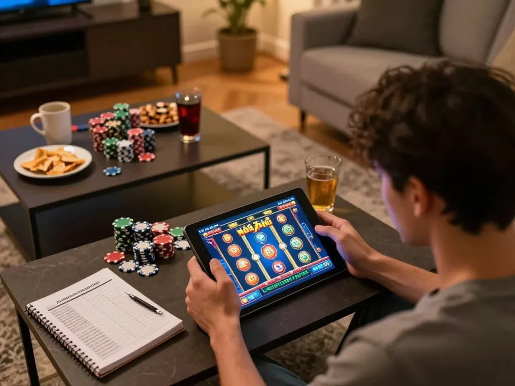 Engaging scene of a player spinning nổ hũ on a tablet in a cozy setting filled with strategy notes and snacks.