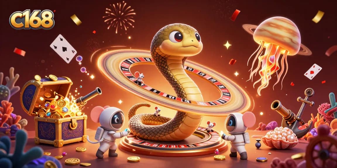 Experience the excitement of c168 with astronauts betting on a roulette wheel made of Saturn's rings in a vivid cosmic casino.
