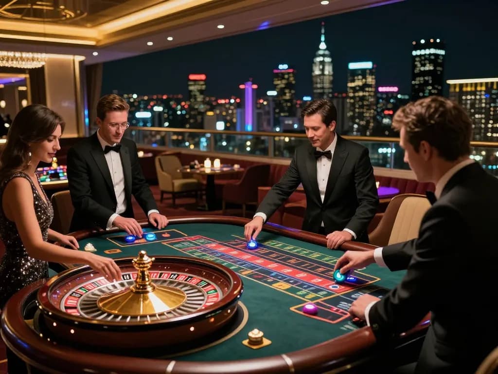 sunwin players betting at a roulette table in a luxurious rooftop casino