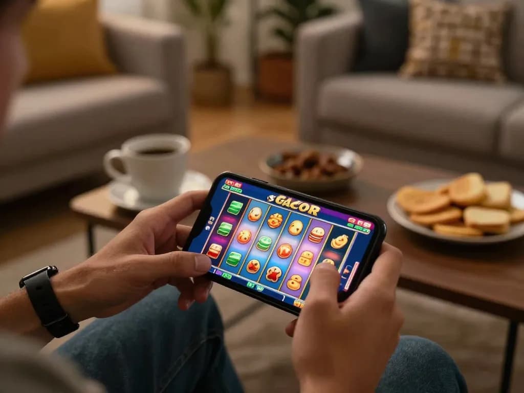Engaging gameplay on slot online gacor through smartphone in a cozy home setting