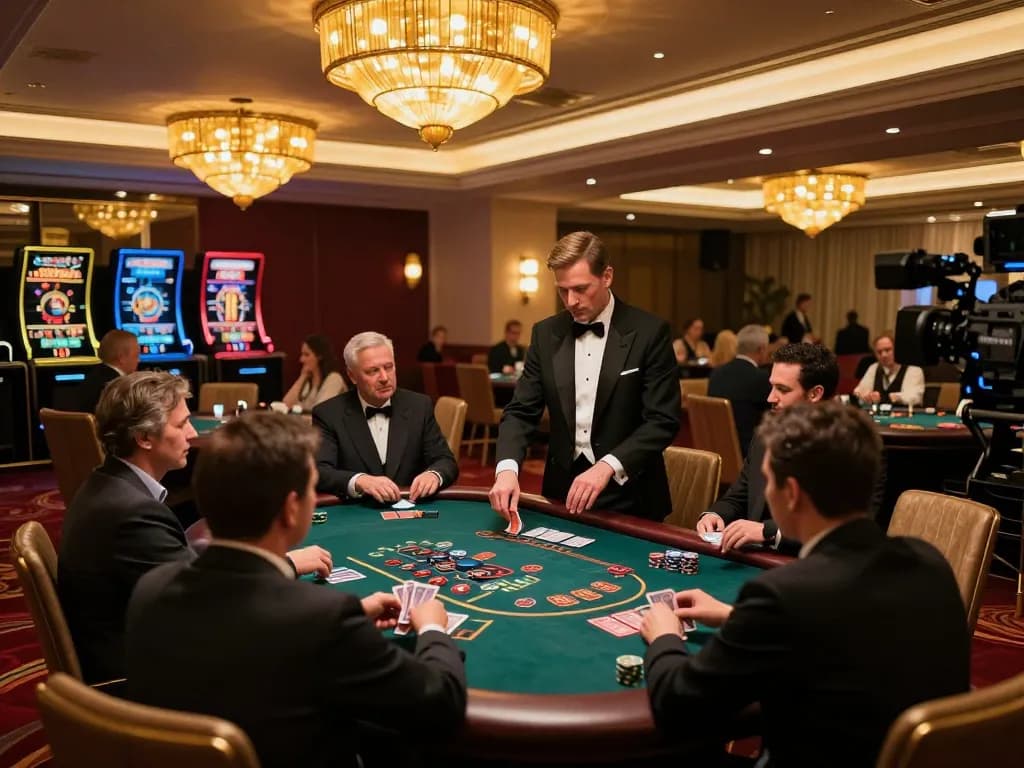 Players strategizing at a blackjack table in an upscale casino, highlighting the excitement of 789 gaming experience.