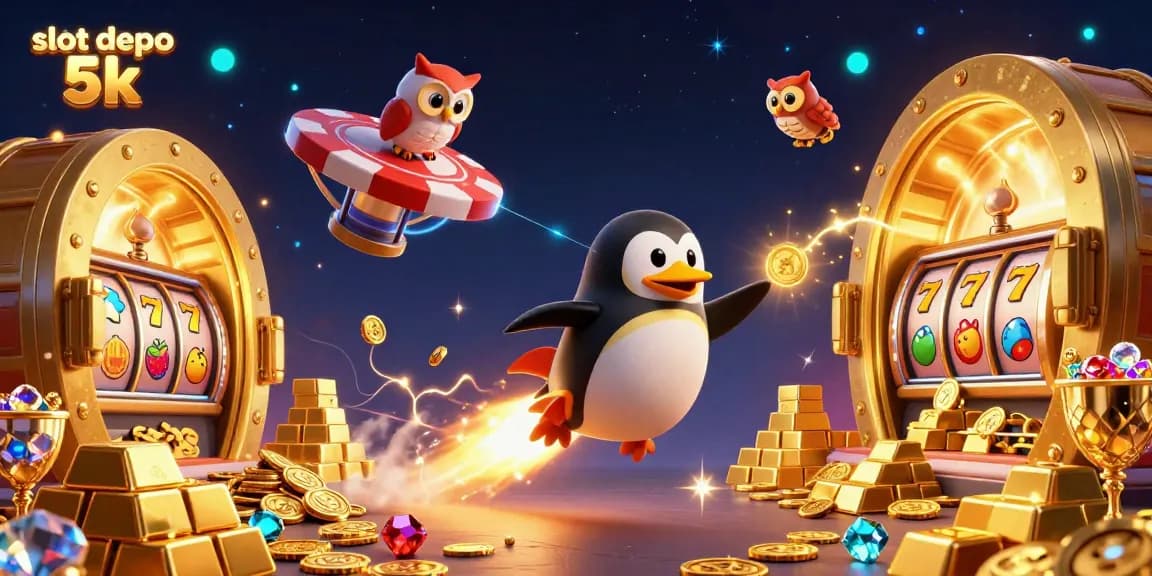 Experience slot depo 5k excitement with a golden penguin and dazzling casino elements in space.