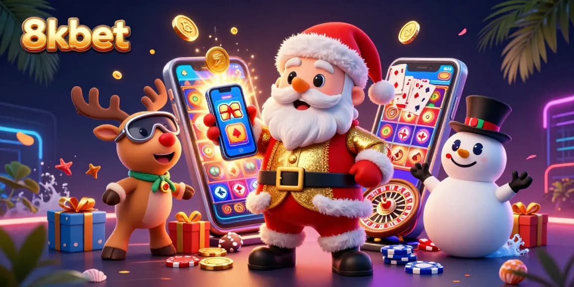 Engage with 8xbet’s festive casino scene featuring Santa, a reindeer dealer, and a poker chip snowman!