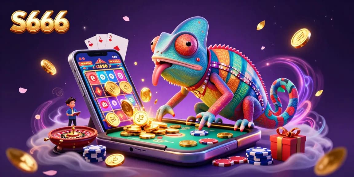 Experience thrilling gameplay at S666 with vibrant casino elements and a colorful chameleon owner.