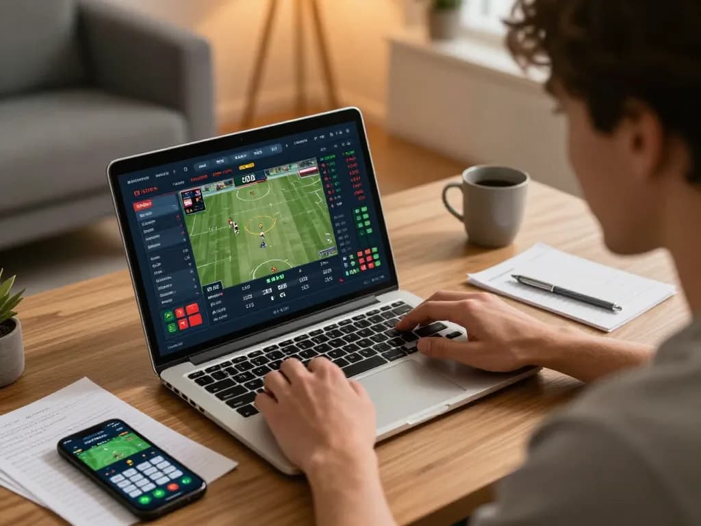 Engaging in online sports betting on a laptop to analyze nddo live odds strategically.