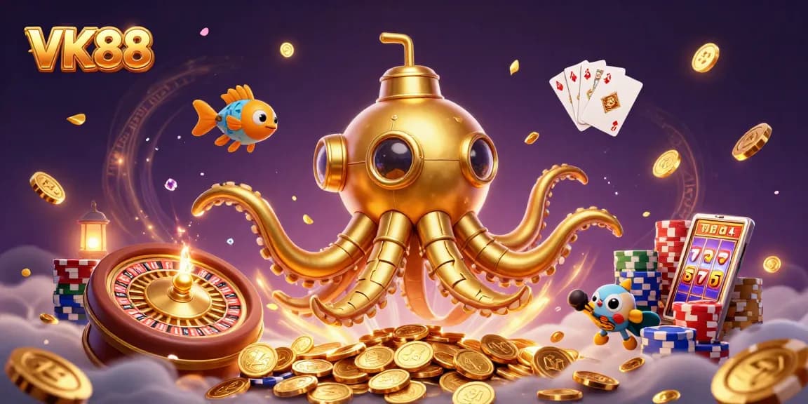 Experience the excitement of VK88 with a vibrant underwater casino scene featuring golden coins and a roulette wheel.