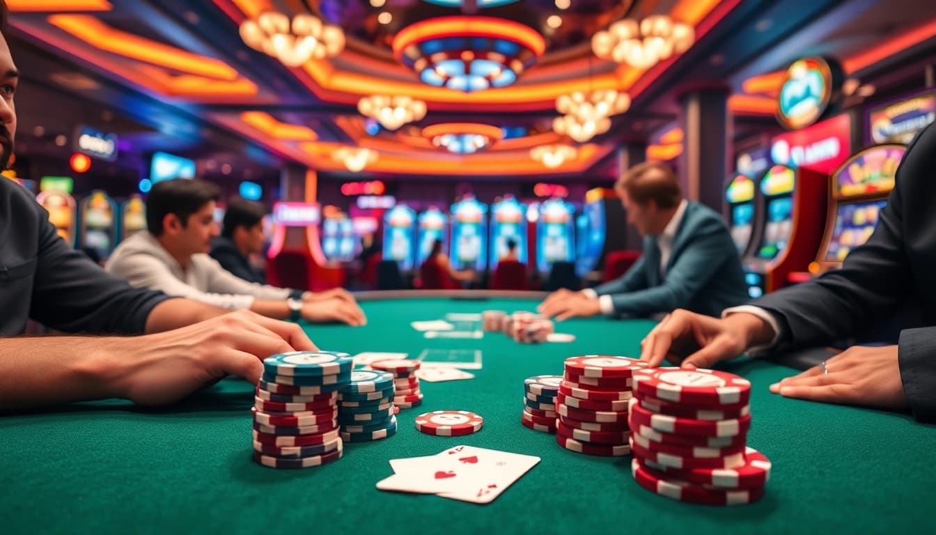 Engaging scene capturing the best online casino experience with lively poker game and vibrant atmosphere.