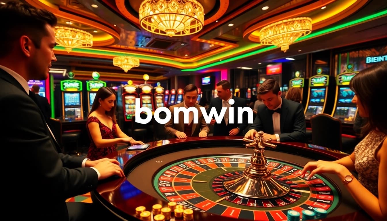 Experience thrilling gambling at the bomwin casino with players around a roulette table.