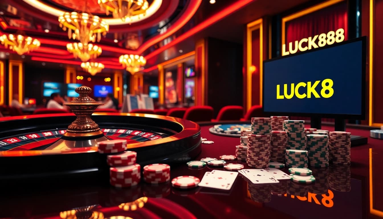 Experience luxury gaming at LUCK8 with vibrant roulette wheels and elegant poker chips.