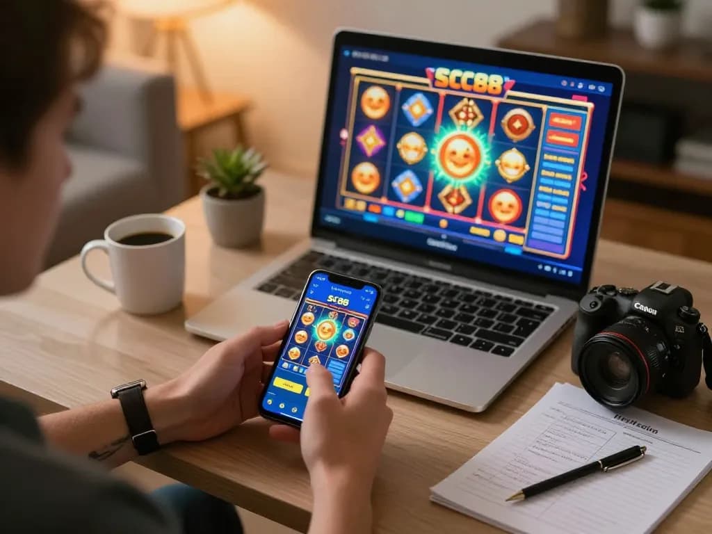 Engaging with SC88 mobile app for online gaming in a cozy setting, showcasing strategy and fun