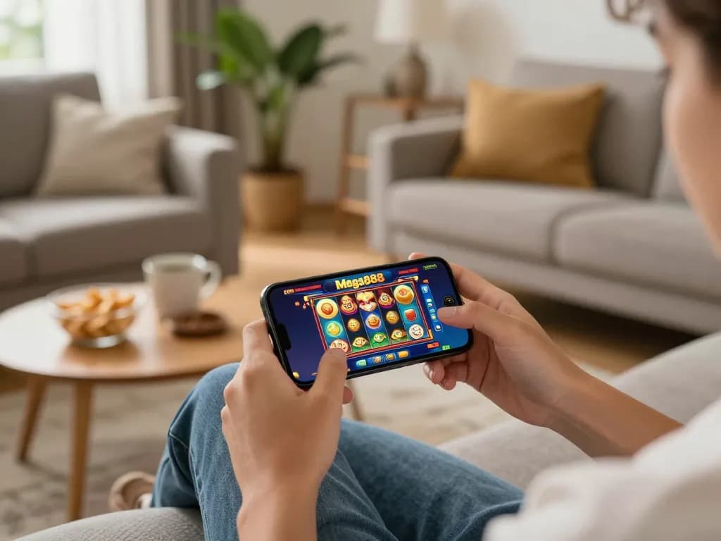 Mega888 player enjoying a mobile slot game on a smartphone in a cozy living room.