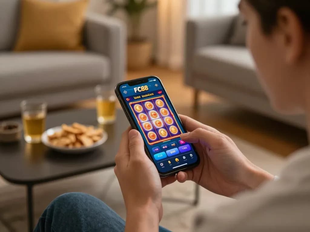 Player engaging with the FC88 mobile casino app in a cozy living room, emphasizing strategic gaming.