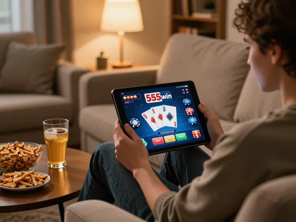 Player enjoying a cozy online gaming session with 555win on a tablet in a warm home environment.