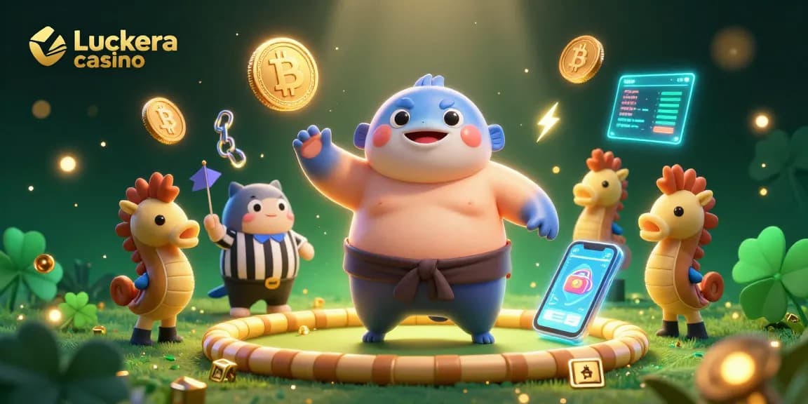 Experience Luckera casino with an exciting underwater 3D scene featuring a fugu and crypto elements.