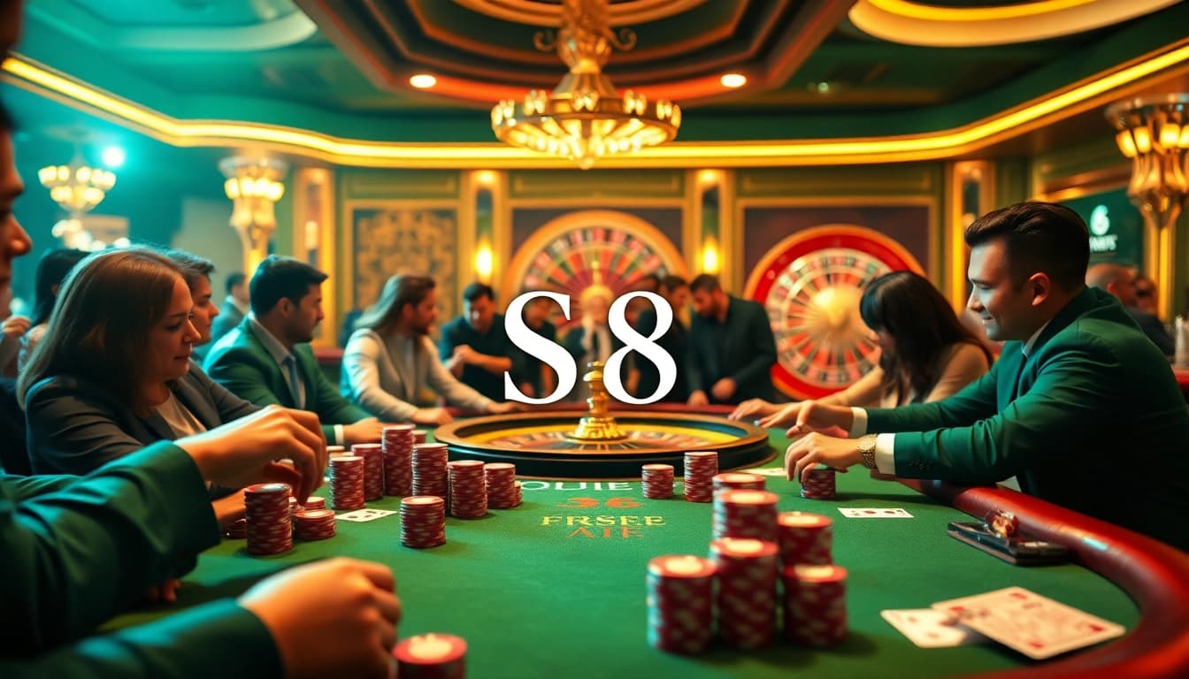 S8 poker players enjoying a thrilling game with vibrant chips and cards.