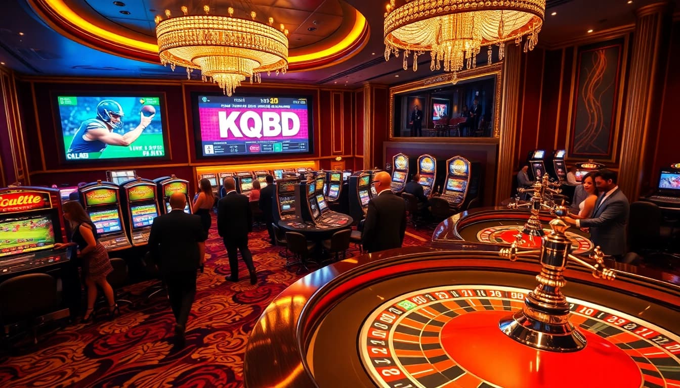 A dynamic casino scene showcasing kqbd with players enjoying roulette and slot machines, enhanced by live scores.