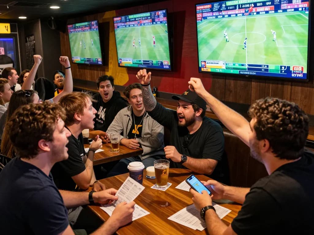 LV88 sports betting enthusiasts cheering during live game, engaging with their betting slips.