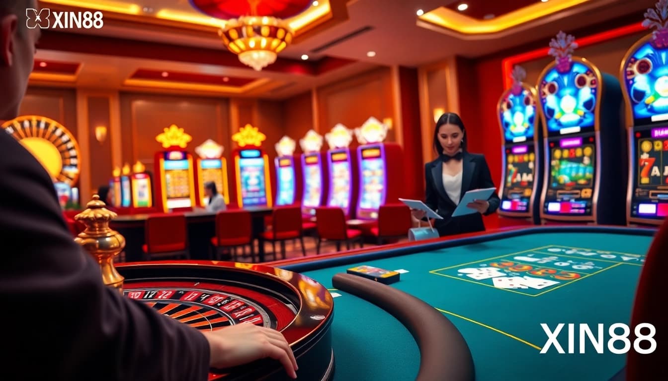 XIN88 player placing bets at a vibrant online casino table with roulette wheel.