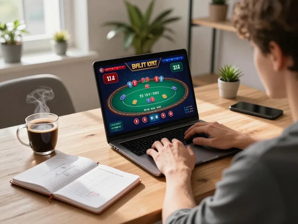 Person engaging in online gambling with TR88 on laptop, showcasing strategy notes and a vibrant gaming interface.