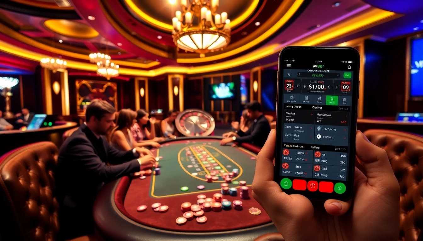 Engaged players enjoying games at 999BET's vibrant casino setting with poker chips and roulette wheel.