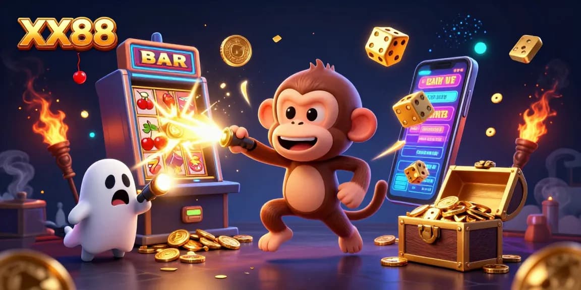 Engaging XX88 casino scene with poltergeist monkey and ghost-hunter puppy juggling jackpot items.