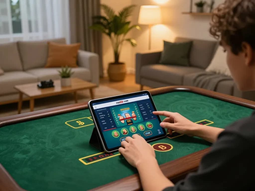 Player engaging with say88 com online casino app on tablet in a cozy home setting, showcasing dynamic gaming experience.